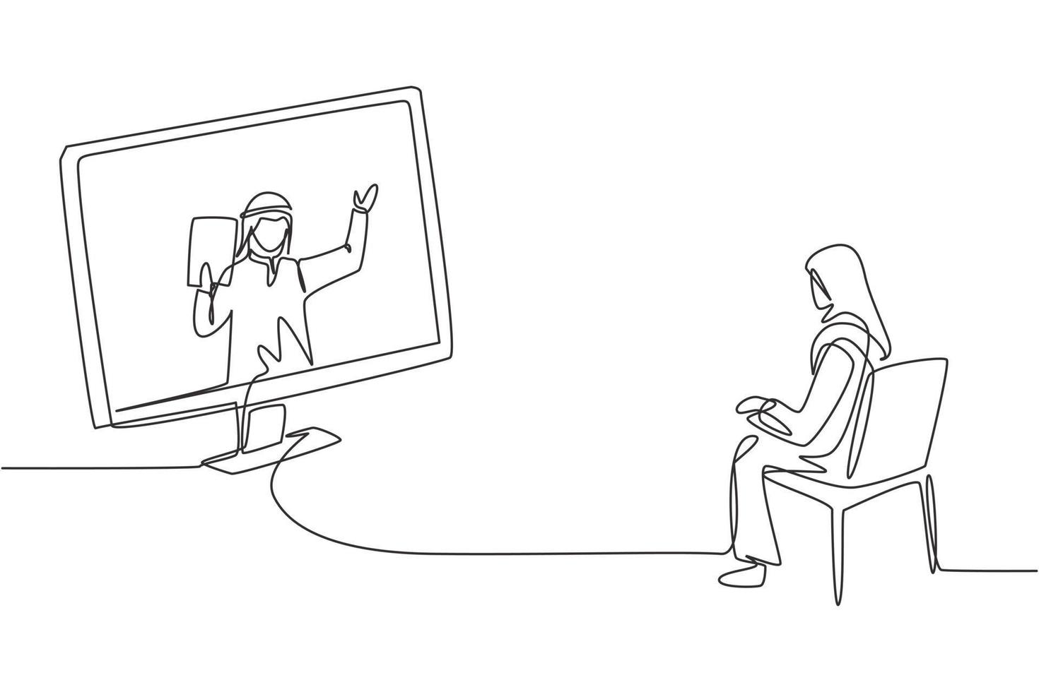 continua una linea di disegno hijab studentessa seduta a studiare fissando lo schermo del monitor e all'interno del laptop c'è un docente arabo maschio che sta insegnando. illustrazione grafica vettoriale di design singolo