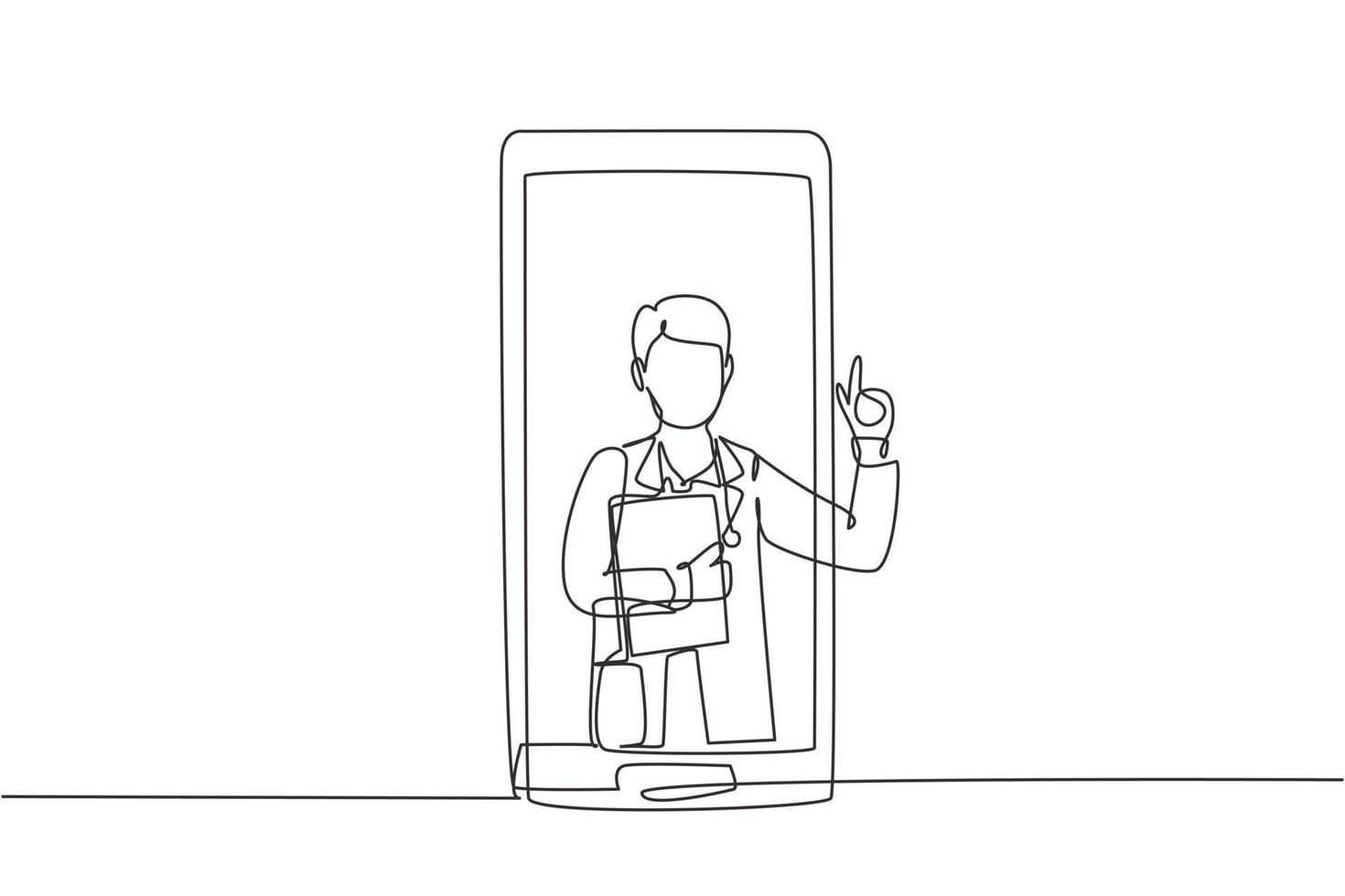 un singolo medico maschio di disegno a tratteggio esce dallo schermo dello smartphone tenendo gli appunti. servizi medici online, consulenza medica. illustrazione vettoriale grafica di disegno di disegno di linea continua moderna