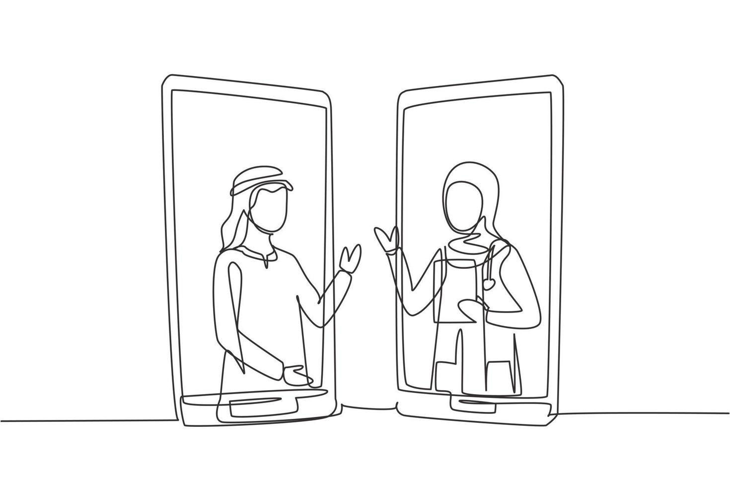 un'unica linea continua che disegna due smartphone faccia a faccia e contiene un paziente arabo e una dottoressa hijab con i loro corpi come se uscissero da uno smartphone. disegno grafico dinamico a una linea vettore