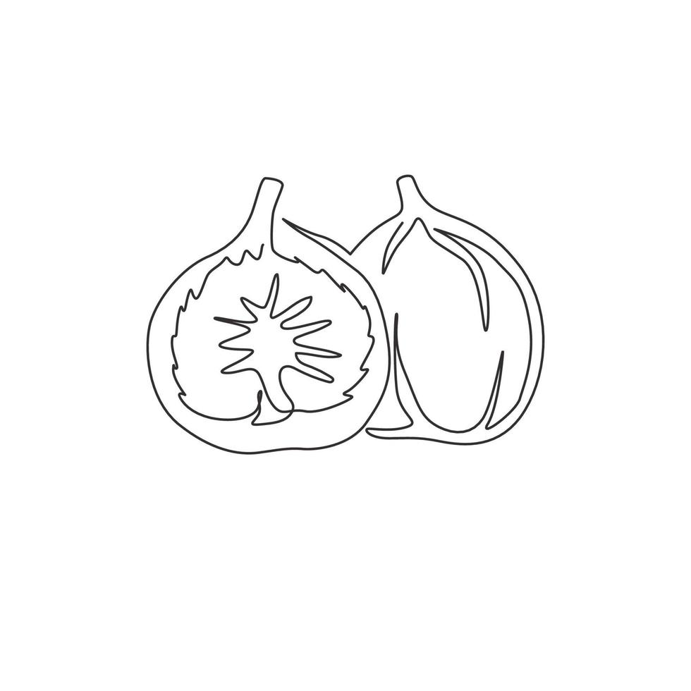 un unico disegno a tratteggio di fico biologico sano intero e affettato per l'identità del logo del frutteto. concetto di frutta tropicale fresca per l'icona del giardino di frutta. illustrazione vettoriale di disegno di disegno di linea continua moderna