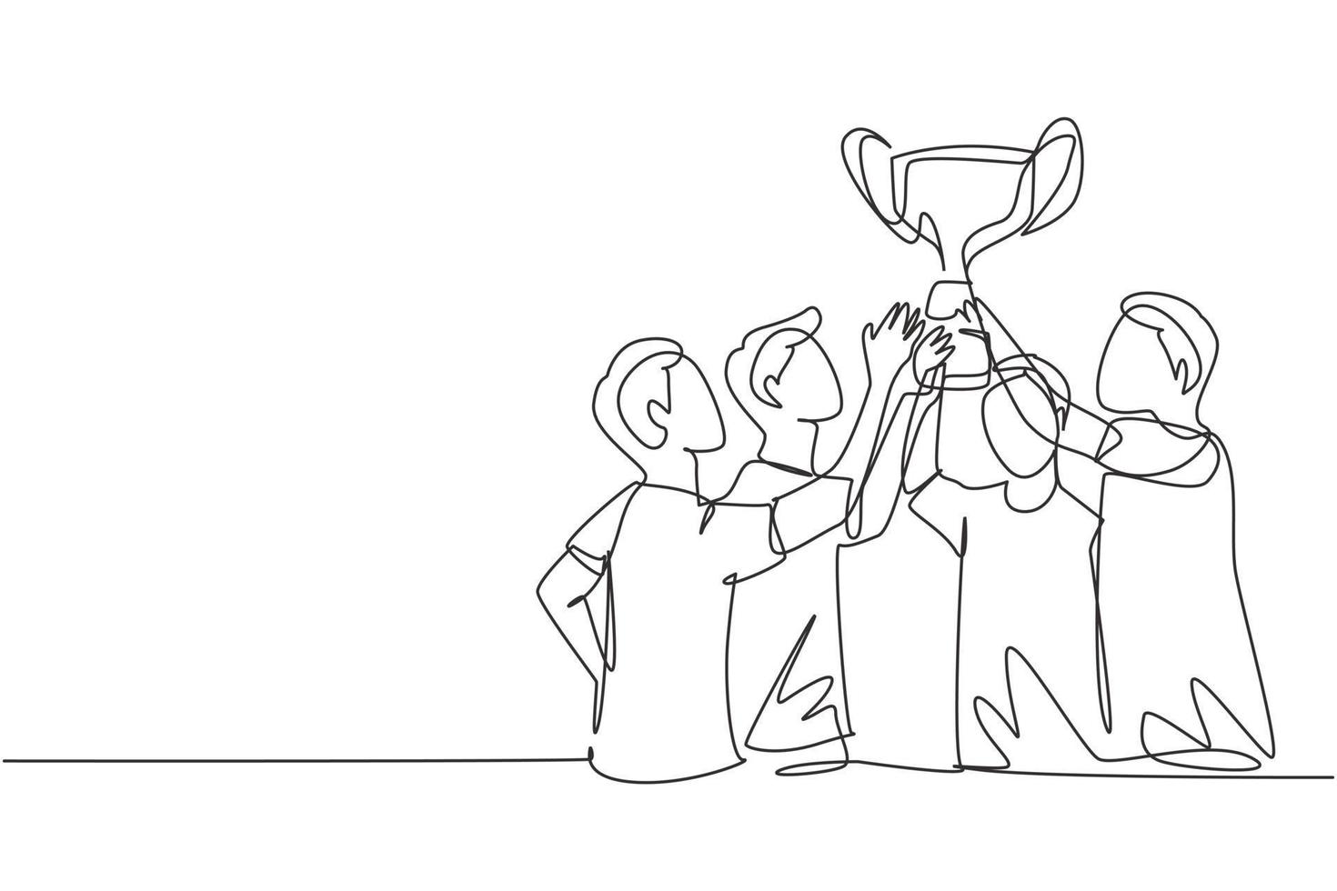 singolo disegno a tratteggio squadra di atleti maschi in maglia sportiva che tiene insieme il trofeo d'oro. celebrando la vittoria del campionato internazionale. illustrazione vettoriale grafica di disegno di disegno di linea continua