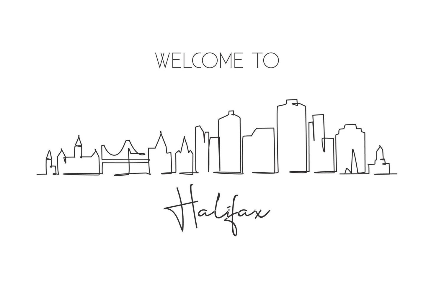 singolo disegno a tratteggio skyline della città di halifax, nova scotia, canada. paesaggio storico della città del mondo. migliore arte di stampa di cartoline di destinazione per le vacanze. illustrazione vettoriale di disegno di disegno di linea continua alla moda