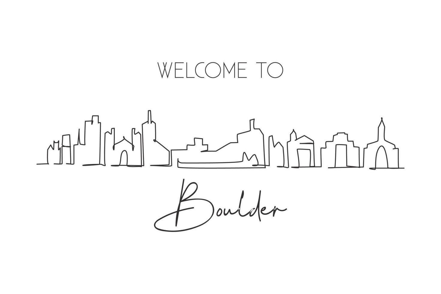 singolo disegno a tratteggio boulder skyline della città, colorado. paesaggio storico della città del mondo. la migliore stampa di cartoline di destinazione per le vacanze. tratto modificabile alla moda linea continua disegnare disegno vettoriale illustrazione