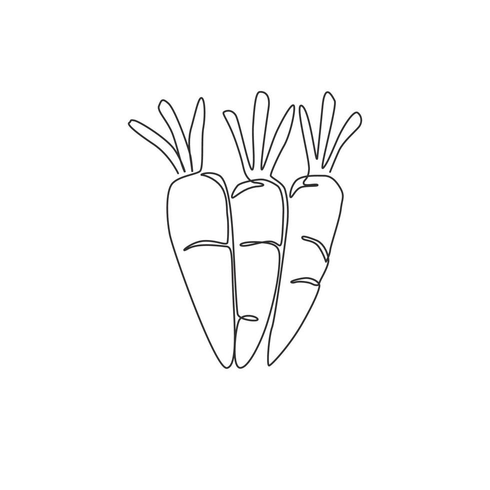 una singola linea che disegna un intero mucchio di carote biologiche sane per l'identità del logo della fattoria. concetto di pianta biennale fresca per icona di ortaggi a radice. illustrazione vettoriale grafica di disegno di disegno di linea continua moderna