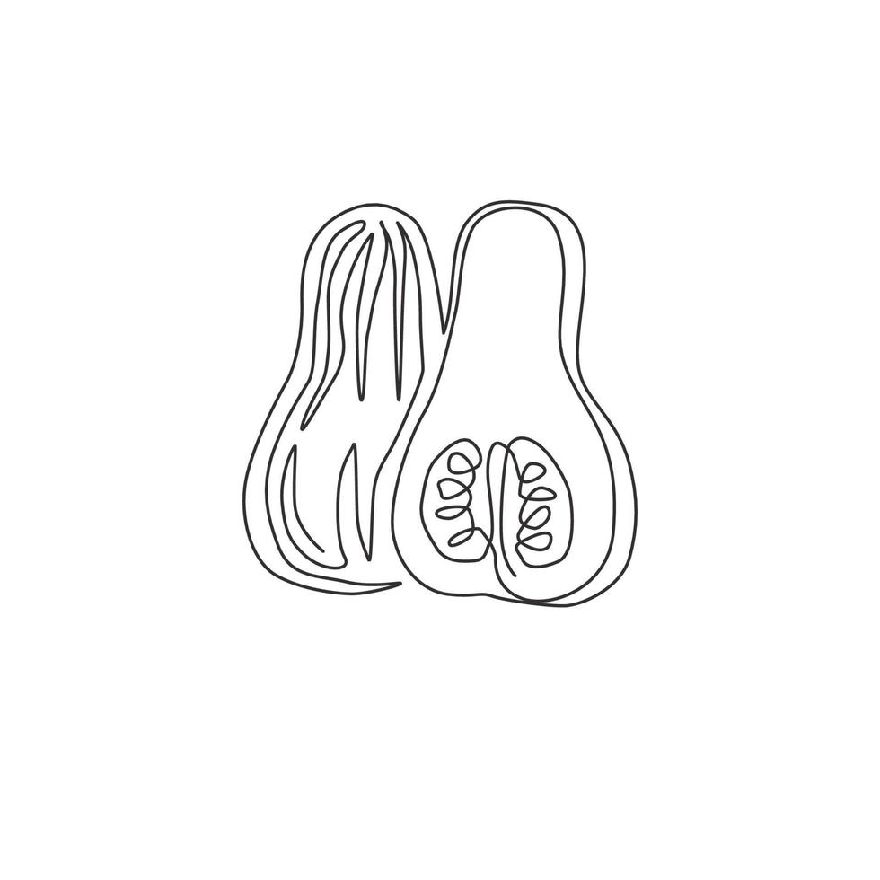 un unico disegno a tratteggio di zucca butternut organica sana intera e affettata per l'identità del logo della piantagione. concetto di zucca fresca invernale per icona vegetale. vettore di disegno di disegno di linea continua moderna