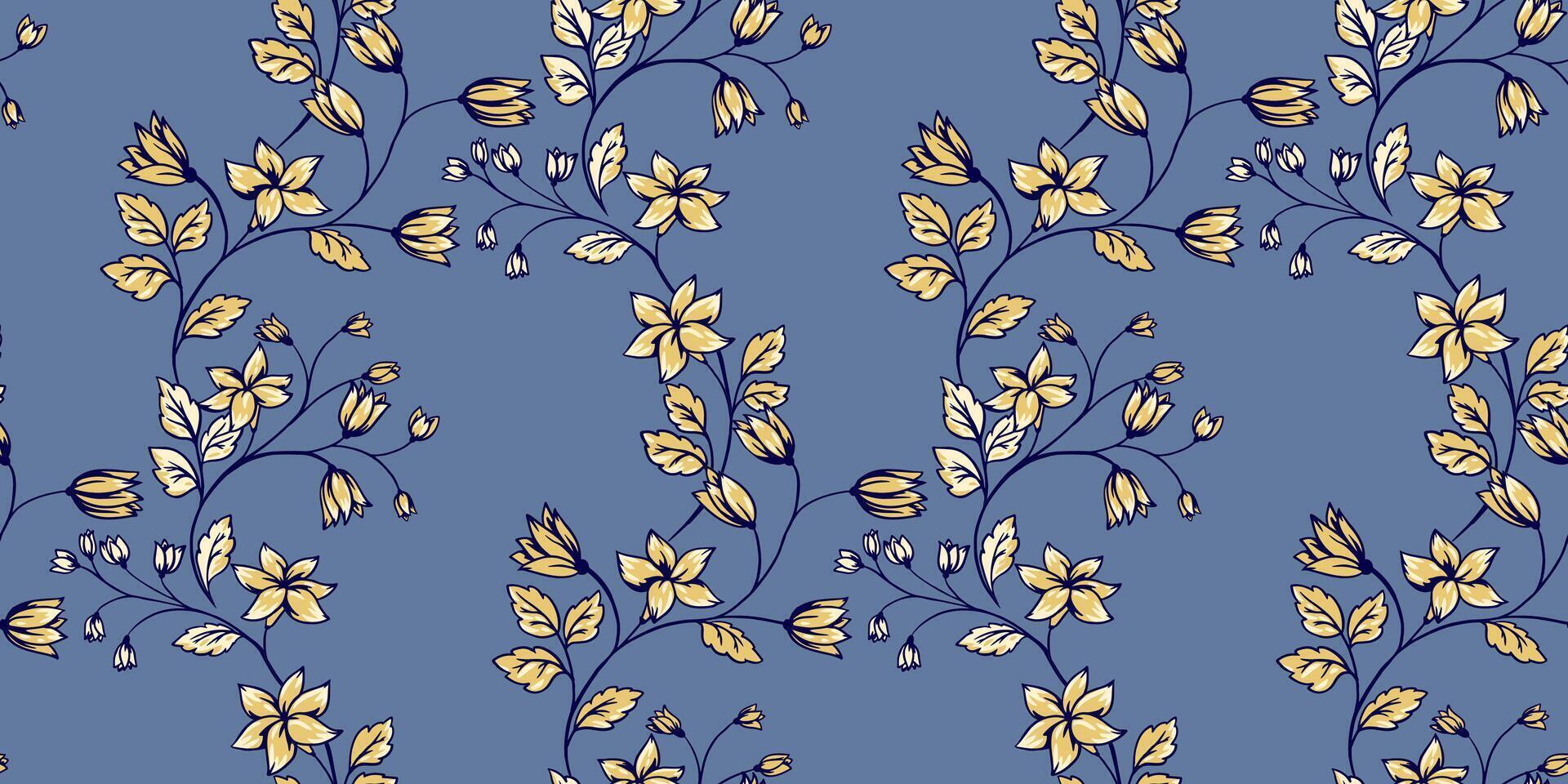 astratto artistico rami con selvaggio fiori, minuscolo campane, piccolo le foglie senza soluzione di continuità modello su un' blu sfondo. creativo delicatamente giallo floreale steli intrecciate nel un' estate stampa. mano disegnato. vettore