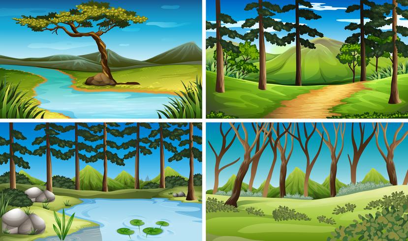 Quattro scene di foresta e fiume vettore
