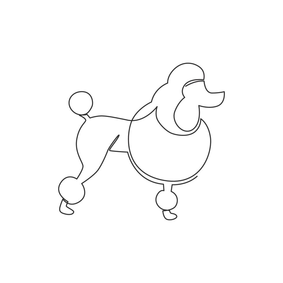 singolo disegno a linea continua di un'icona di cucciolo di cane barboncino carino semplice. concetto di vettore dell'emblema del logo animale da compagnia. illustrazione grafica moderna di disegno di una linea di disegno