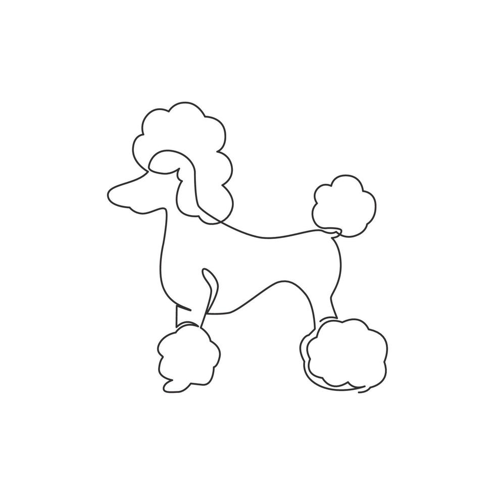 un unico disegno a tratteggio dell'icona di un semplice cucciolo di cane barboncino carino. concetto di vettore dell'emblema del logo del negozio di animali. illustrazione di disegno di disegno grafico di linea continua alla moda