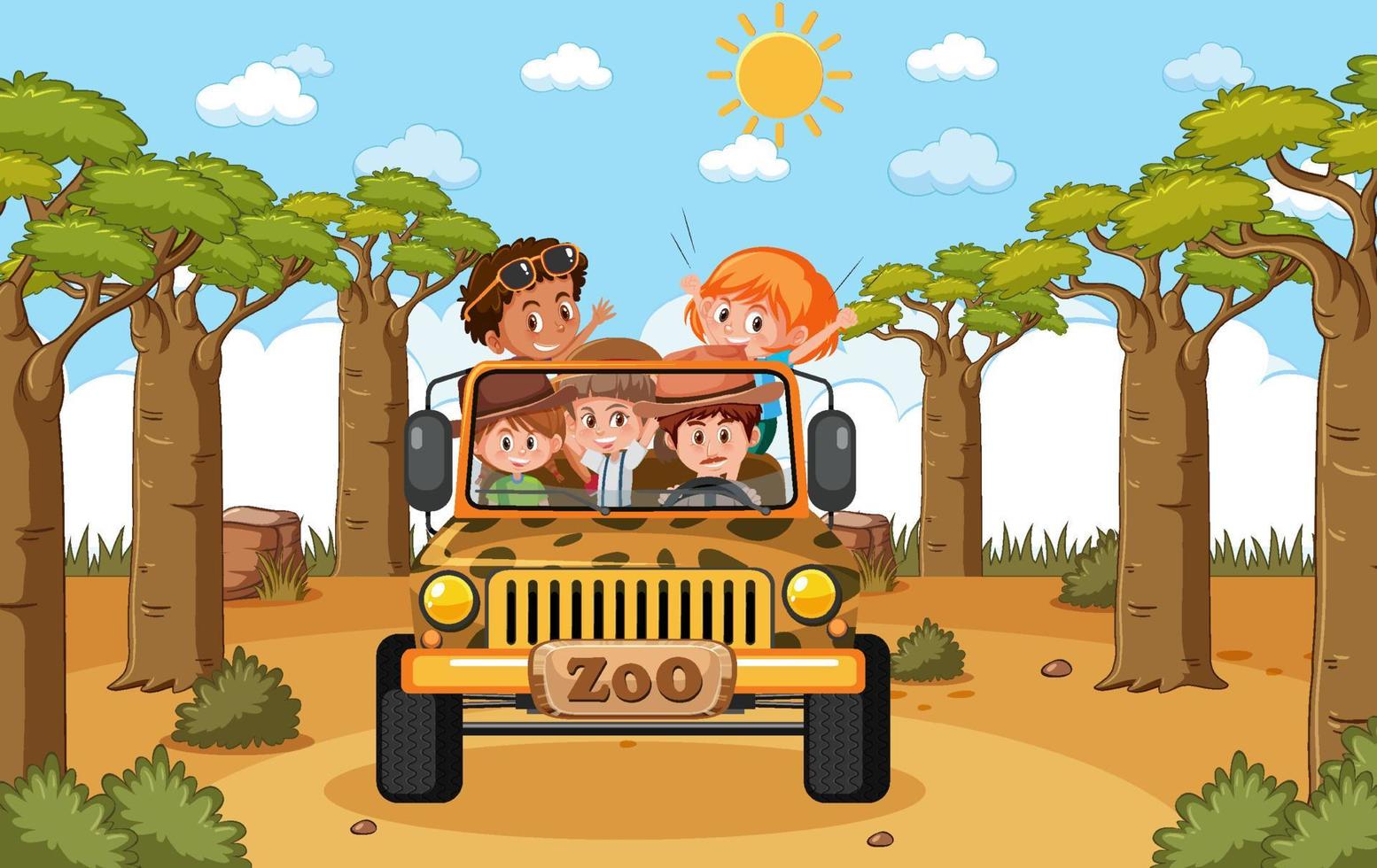 i bambini in automobile turistica esplorano nella scena dello zoo vettore