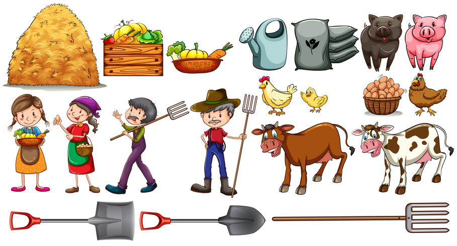Gli agricoltori con i loro strumenti e animali vettore