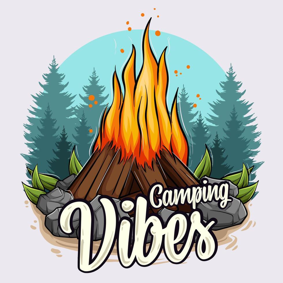 mano disegnato campeggio vibrazioni con fuoco al di sopra di alberi e tramonto, montaggio all'aperto avventura e escursioni a piedi vettore