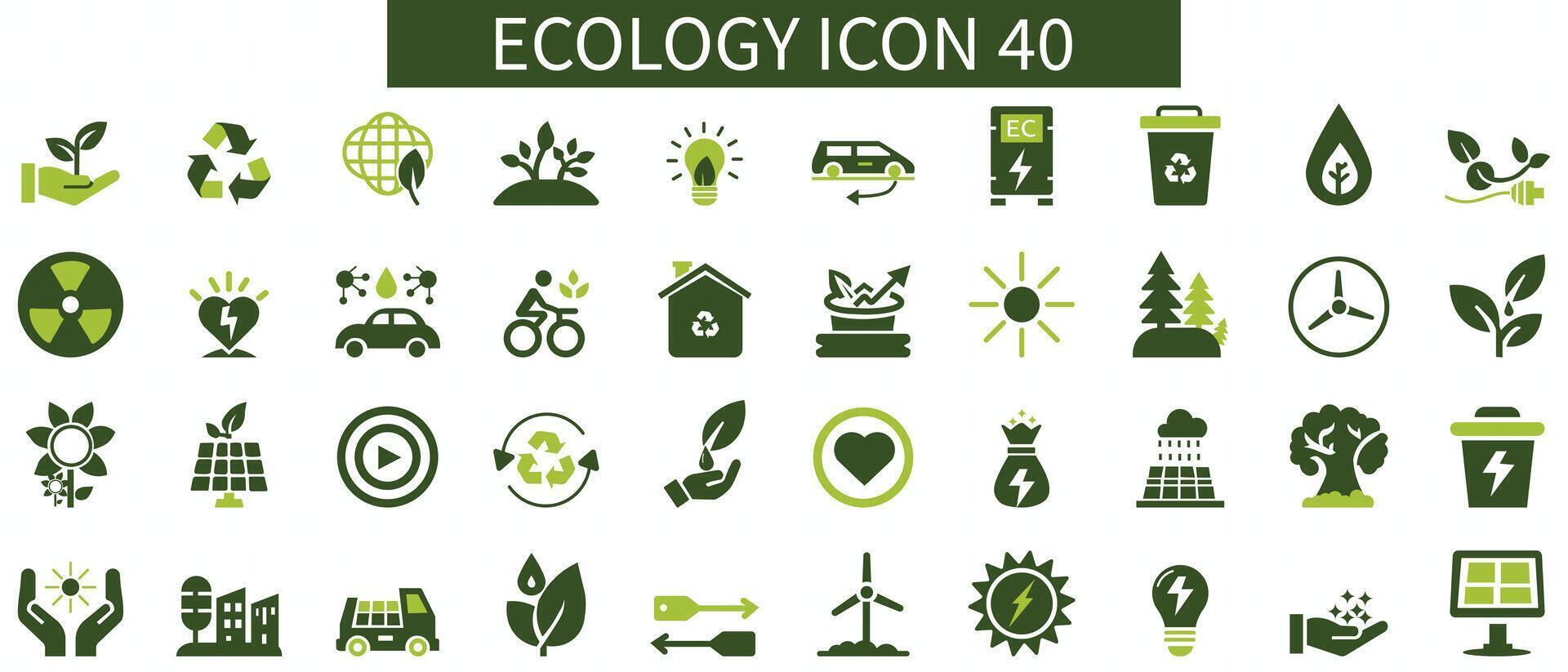 ecologia piatto icone impostare. riciclare, eco, solare potenza, vento potenza, natura, elettrico auto icone e Di Più segni. piatto icona collezione. vettore