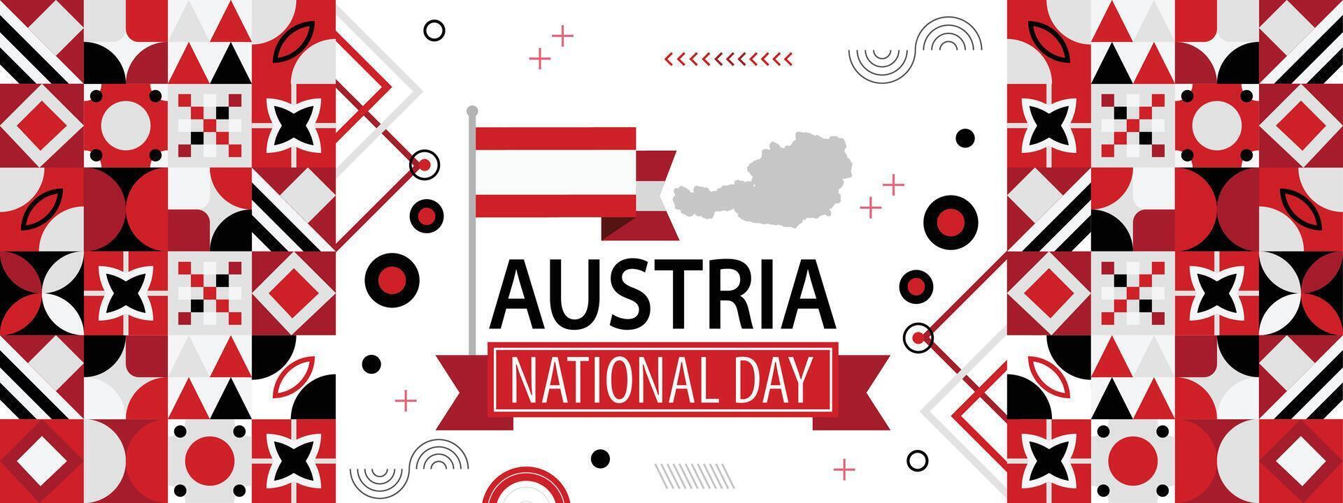 Austria nazionale giorno bandiera con carta geografica, bandiera colori tema sfondo e geometrico astratto retrò moderno bianca rosso design. vienna austriaco tema. illustrazione. vettore