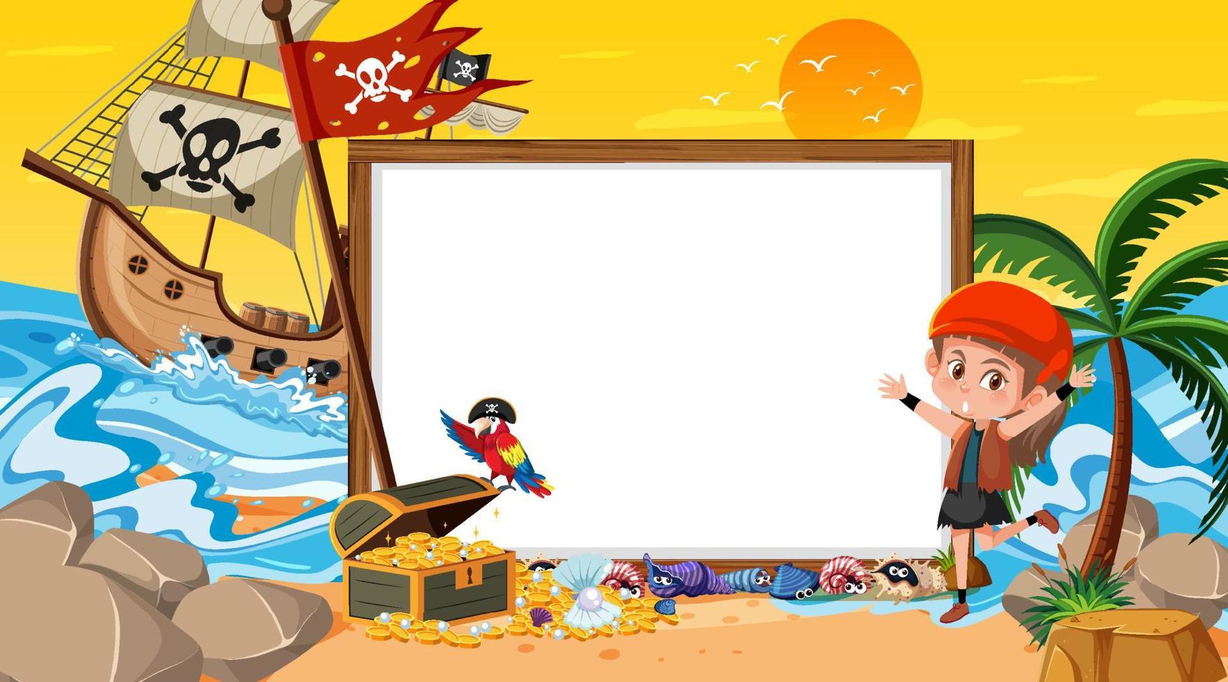 modello di banner vuoto con bambini pirati sulla scena del tramonto sulla spiaggia vettore