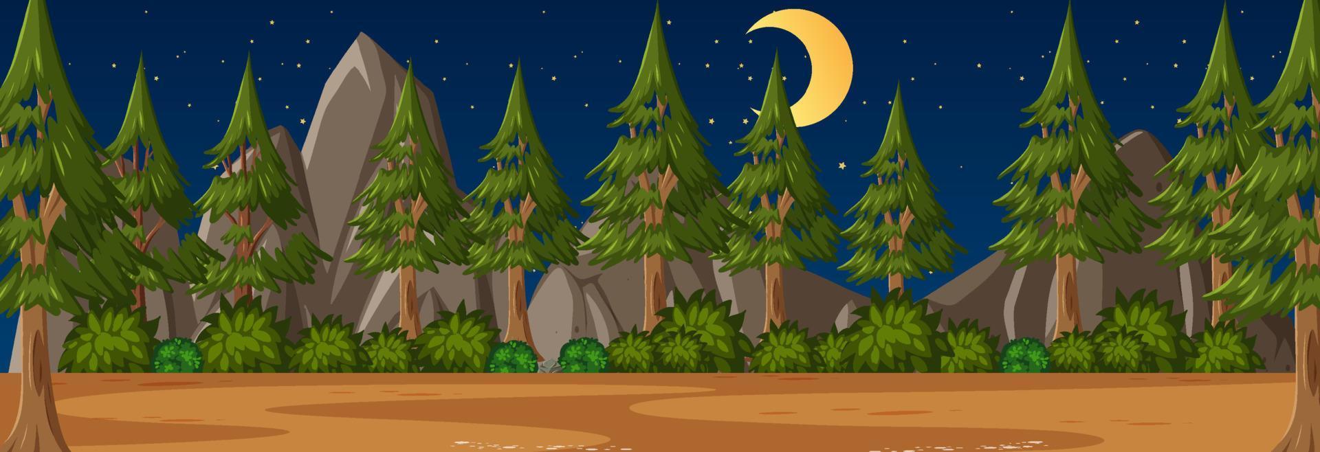 scena orizzontale della foresta di notte con molti pini sullo sfondo vettore