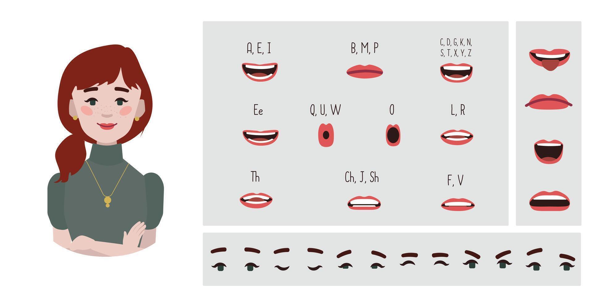 attività commerciale ufficio donna avatar creazione adatto per animazione. Generatore, costruttore di diverso occhi, labbra, emozione espressioni bocca animazione e labbro sincronizzare. donna personaggio viso costruzione. vettore