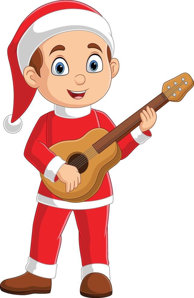 cartone animato poco ragazzo nel rosso Santa Abiti giocando chitarra vettore