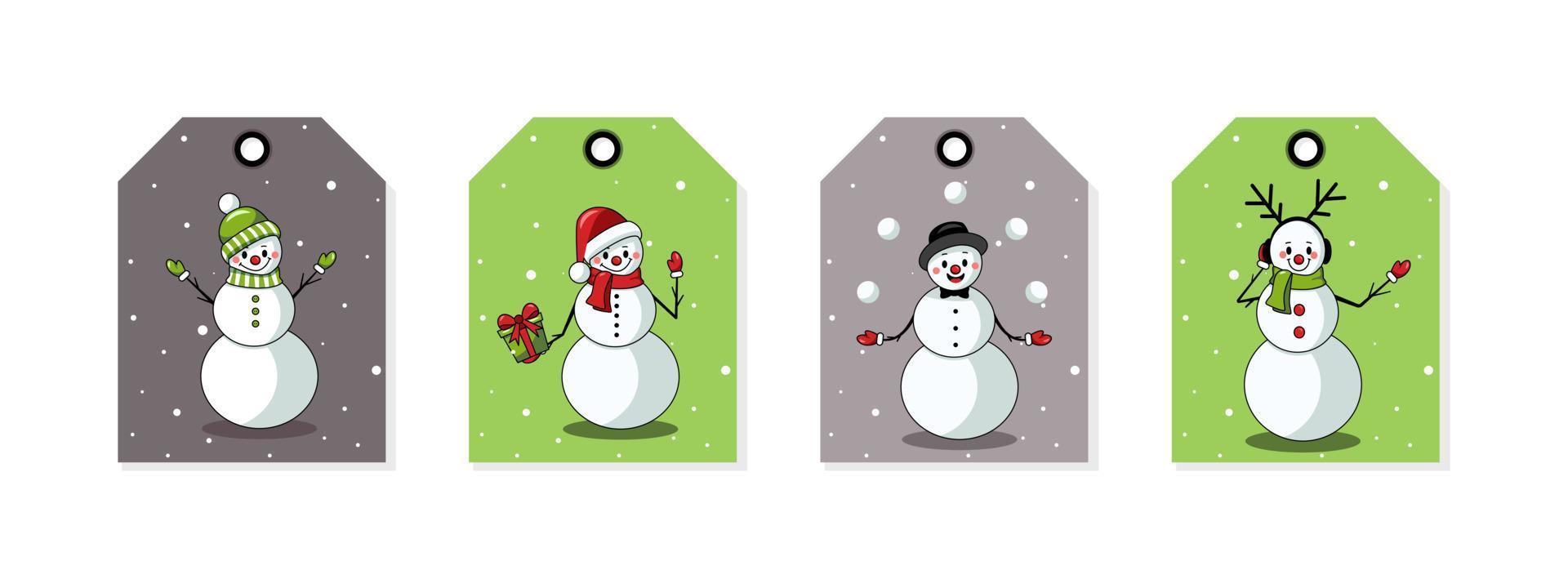 set di cartoline scarabocchiate con pupazzi di neve. carte invernali festive con un pupazzo di neve in una lunga sciarpa e guanti. illustrazione di riserva di vettore. tag di natale di capodanno collezione carina. vettore