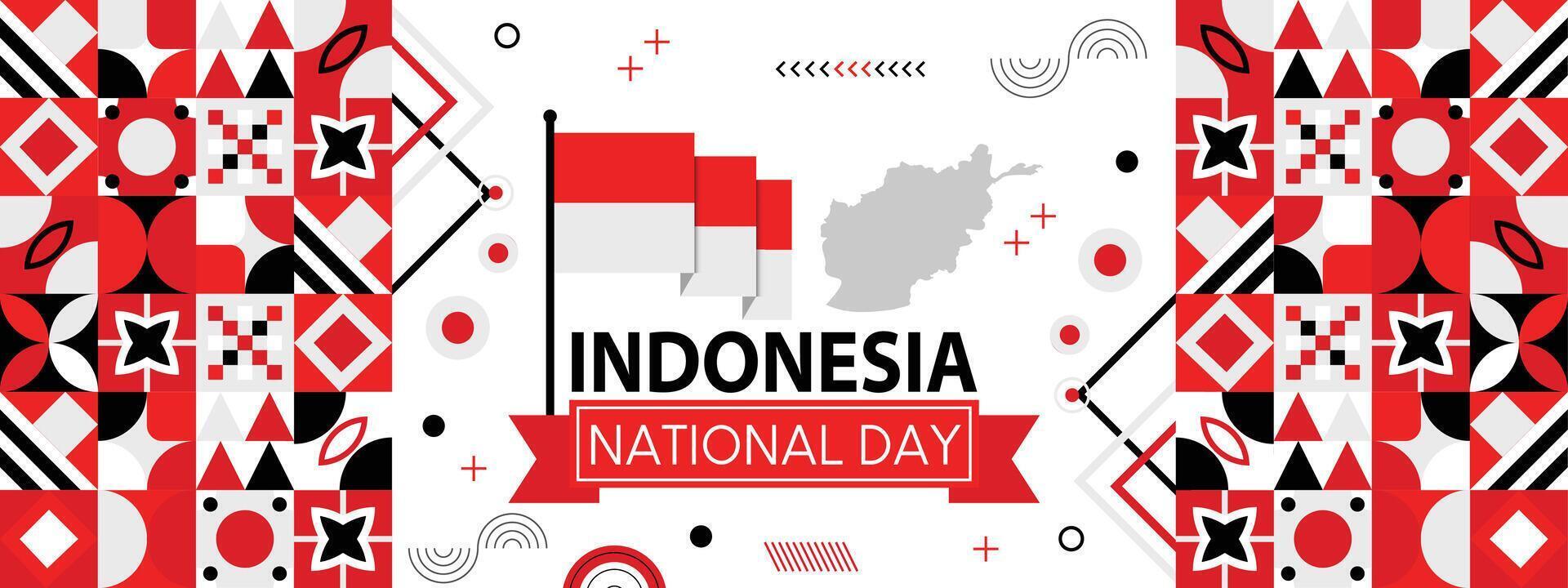 Indonesia nazionale giorno bandiera con carta geografica, bandiera colori tema sfondo e geometrico astratto retrò moderno colorfull design vettore