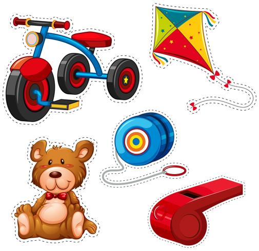 Disegno adesivo con triciclo e altri giocattoli vettore