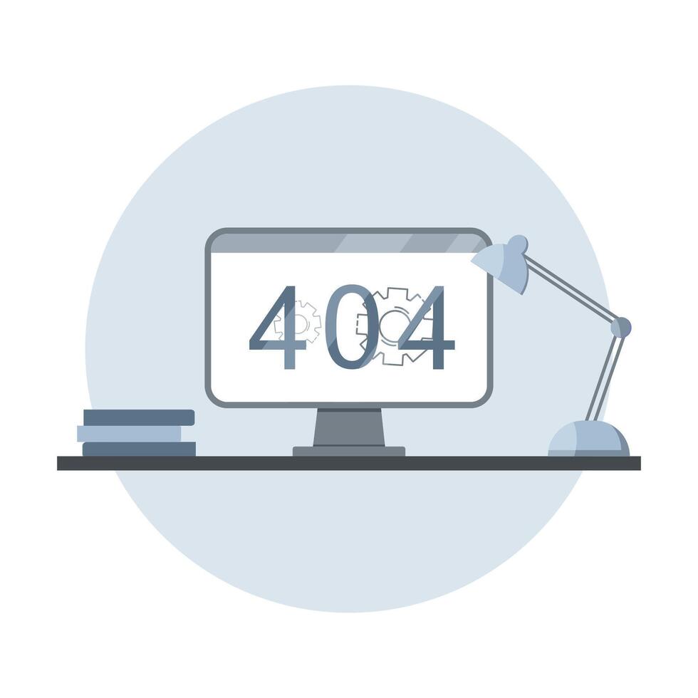 piatto illustrazione di errore 404, su il tenere sotto controllo schermo. desktop. vettore