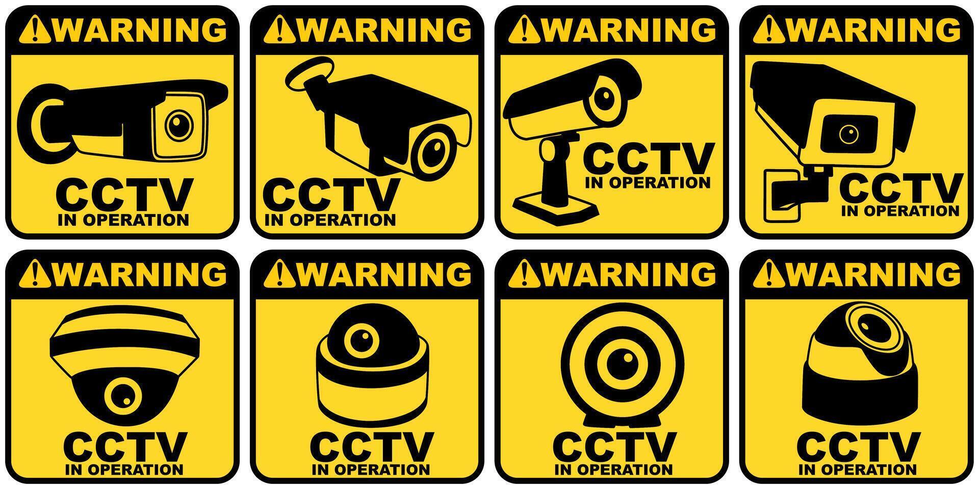 impostato cartello cctv icona. avvertimento sicurezza telecamera logo design illustrazioni vettore