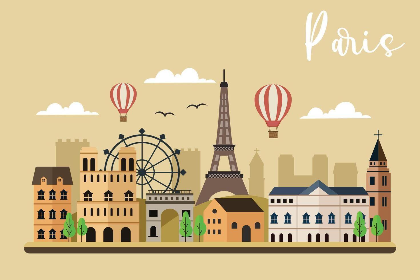 Parigi orizzonte concetto piatto design illustrazione, viaggio per Parigi concetto con orizzonte e famoso edifici punto di riferimento vettore