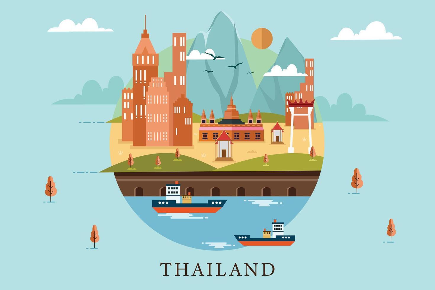 Tailandia urbano paesaggio nel un' geometrico minimo piatto stile, Tailandia piatto design urbano paesaggio illustrazione vettore