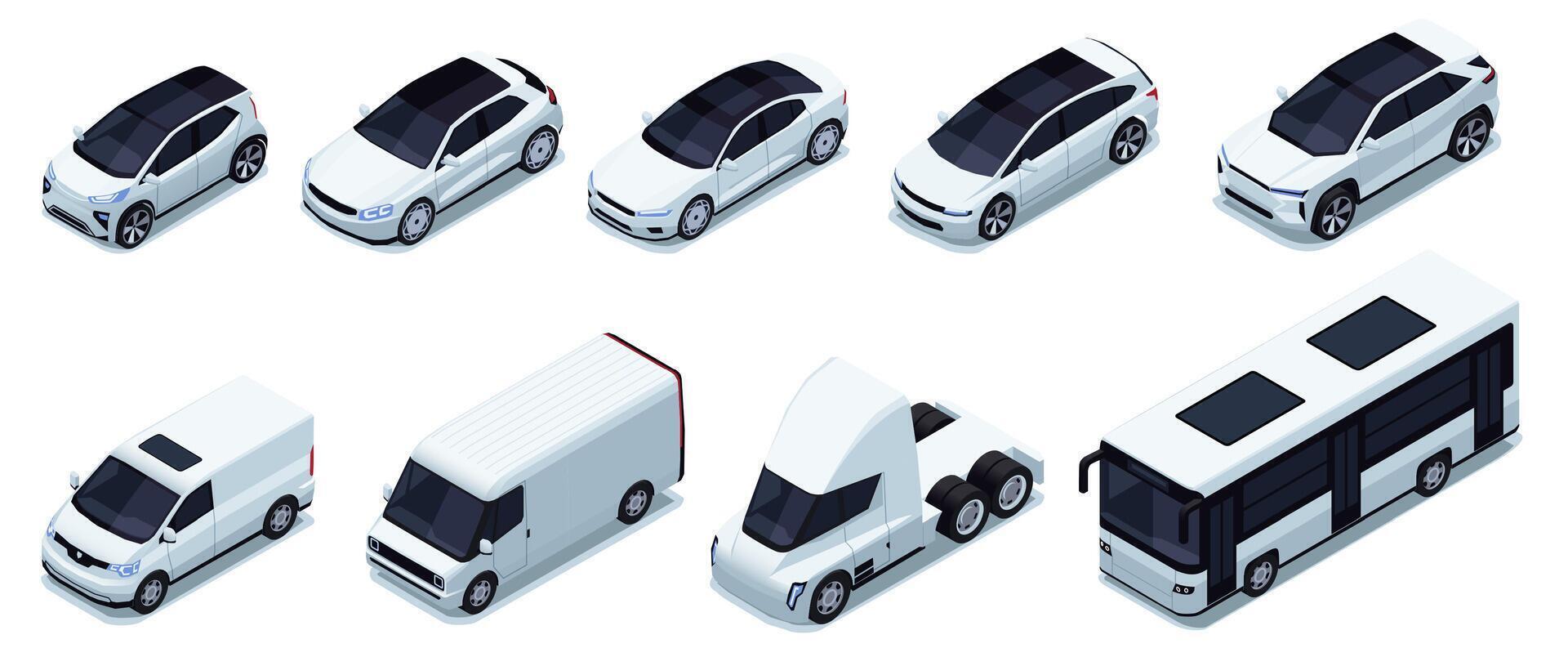 vario isometrico macchina. logistica consegna veicoli con carico trailer, camion furgone auto e motociclo per trasporto azienda. impostato vettore