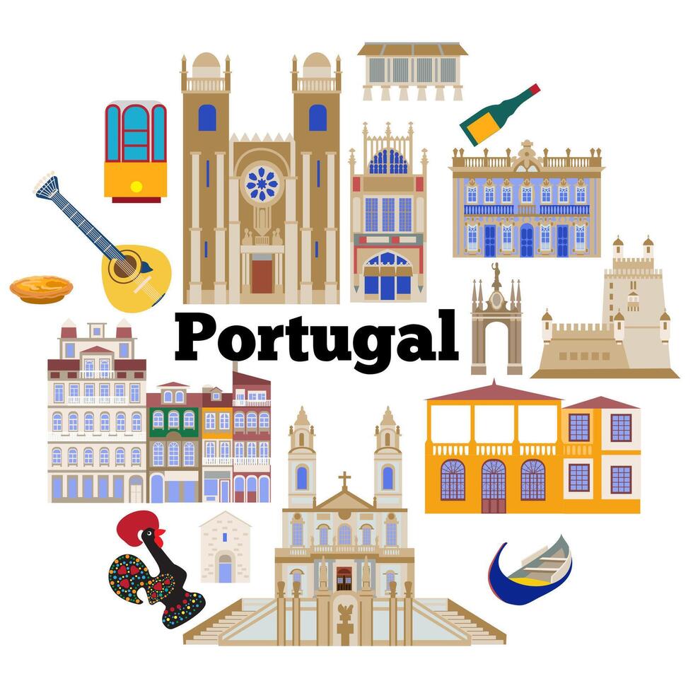 impostato con punti di riferimento di Portogallo, il illustrazione è fatto nel un' piatto stile per sfondo sfondo, regalo confezione, souvenir Prodotto disegno, cartoline e i Quaderni per turisti vettore