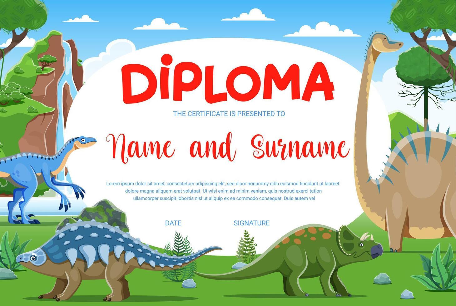bambini diploma, giurassico cartone animato dinosauro personaggi vettore