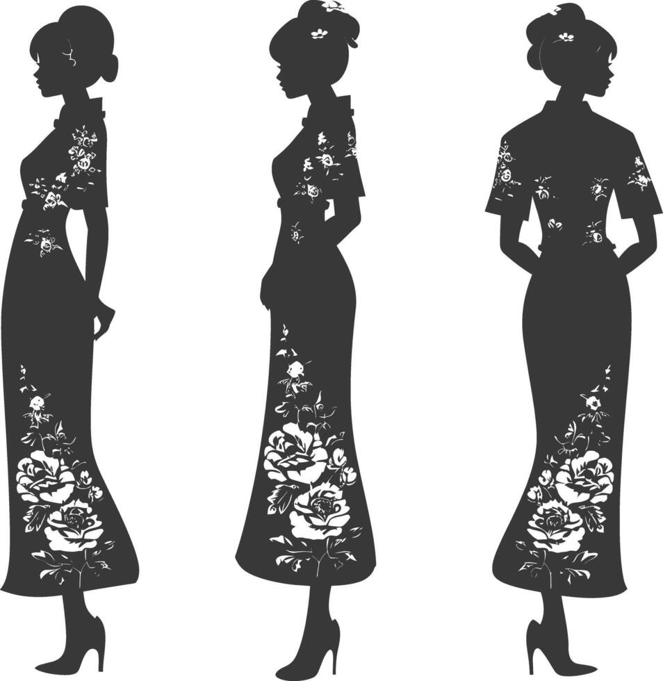 silhouette indipendente Cinese donne indossare cheongsam o zansae nero colore solo vettore