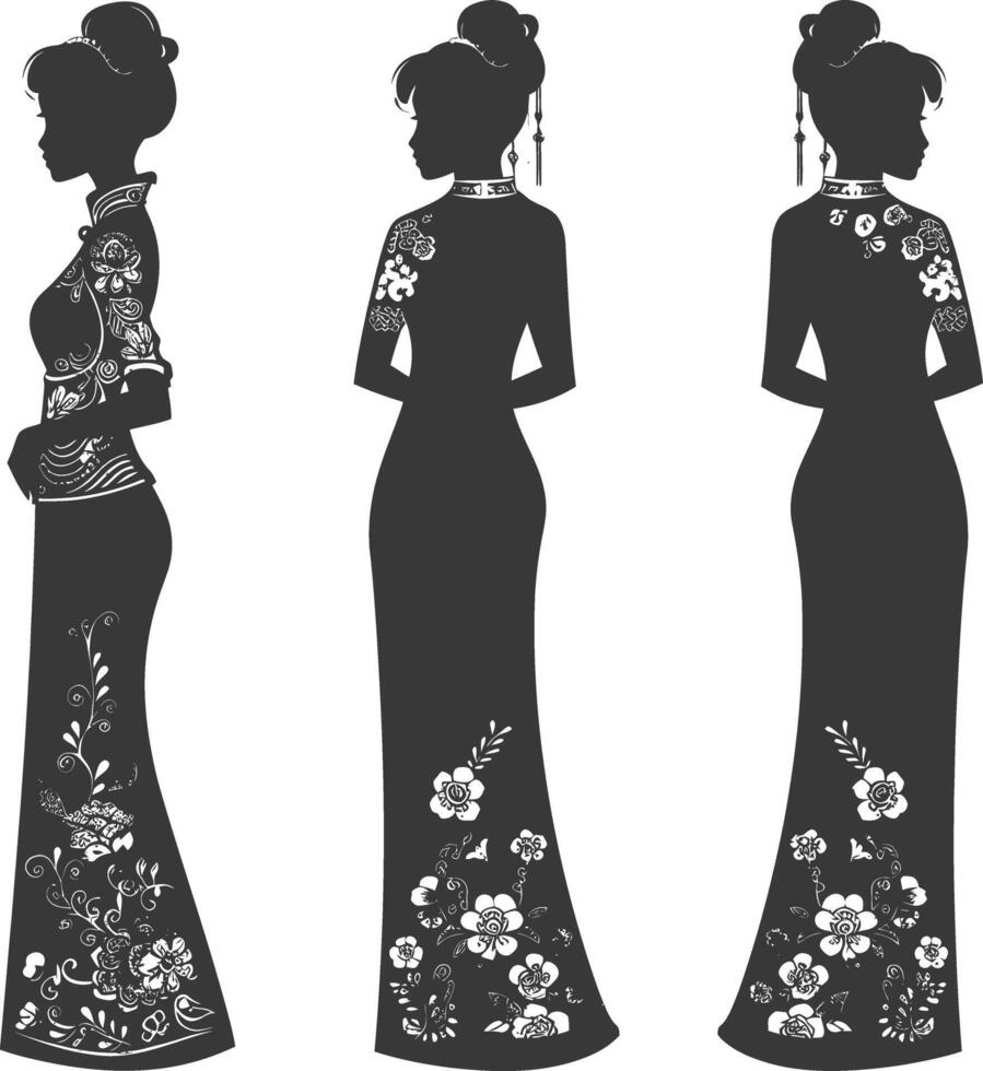 silhouette indipendente Cinese donne indossare cheongsam o zansae nero colore solo vettore