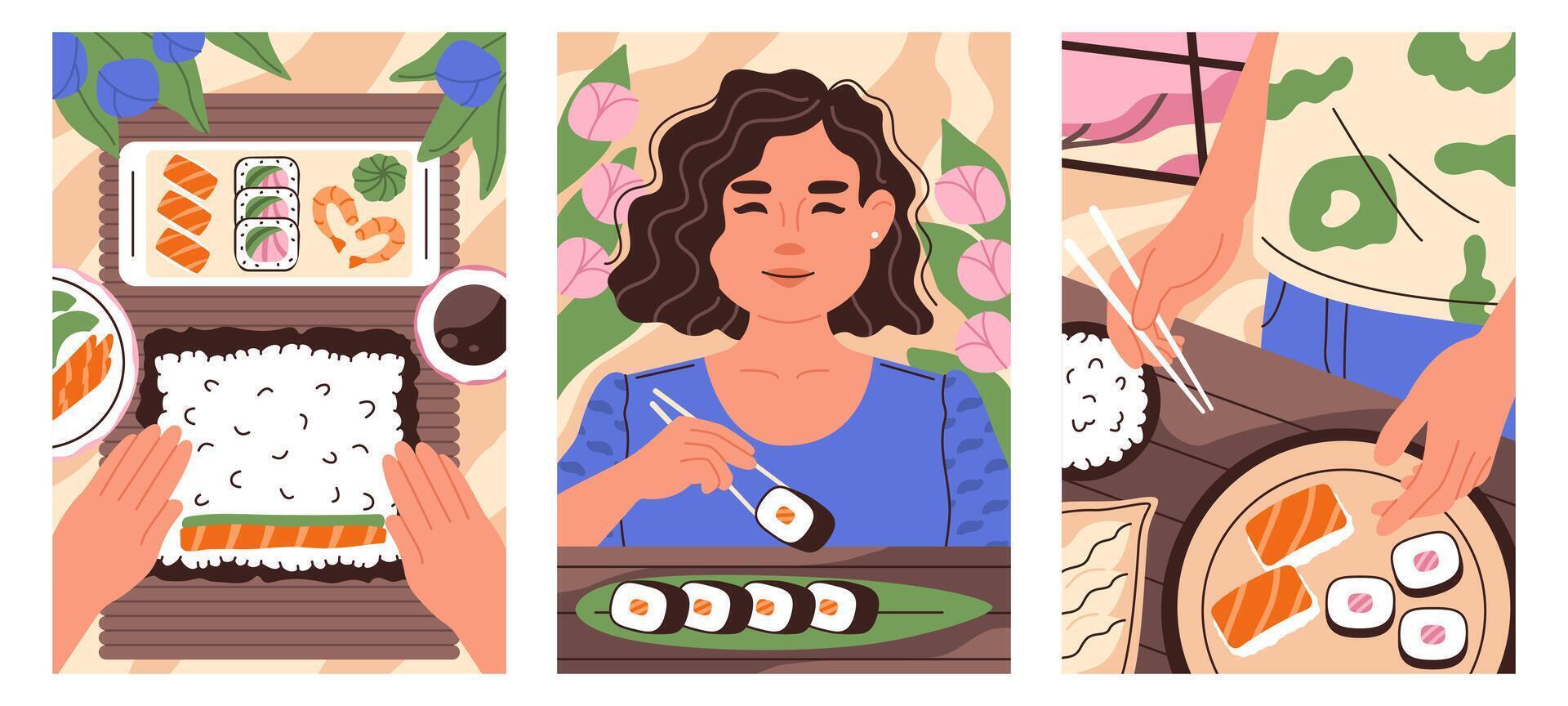 persone fabbricazione e mangiare Sushi. ragazza provando Sushi. concetto di asiatico cibo, Sushi. verticale illustrazioni vettore