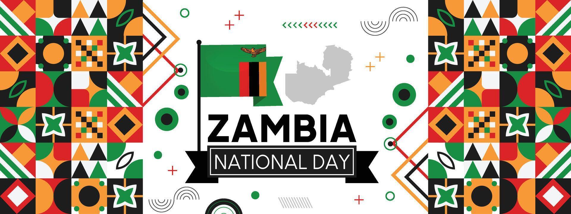 Zambia nazionale giorno bandiera per indipendenza giorno anniversario. bandiera di Zambia e moderno geometrico retrò astratto design. verde e nero concetto vettore