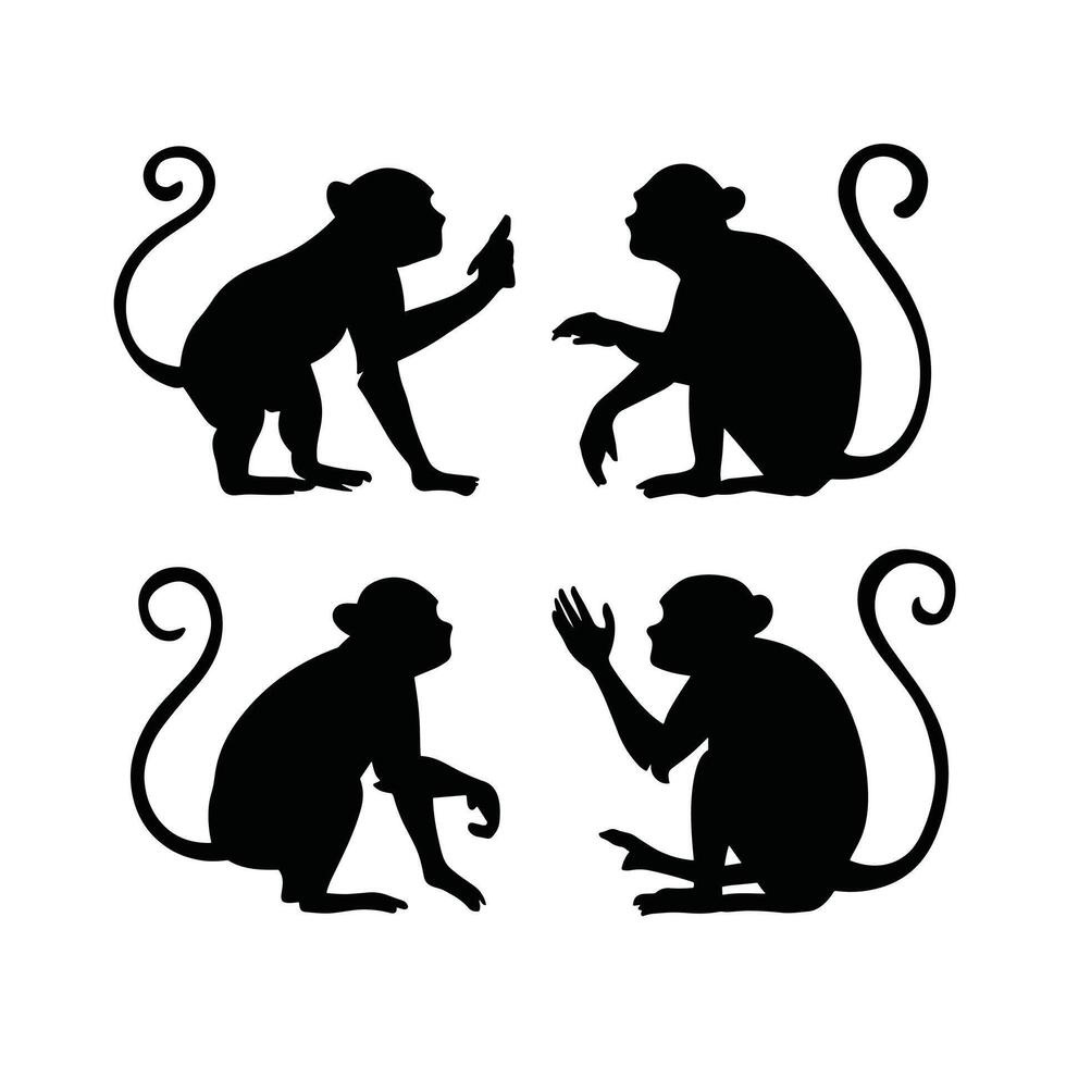 seduta, saltare, in esecuzione, impiccagione, a passeggio, in piedi divertimento scimmia silhouette. isolato illustrazione. vettore