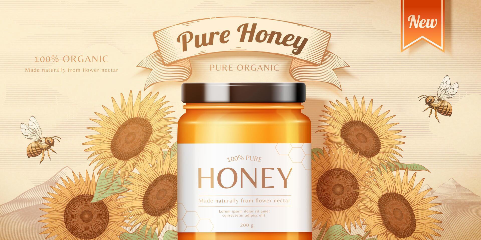 biologico miele vaso con api nel 3d illustrazione con girasole incisione sfondo vettore