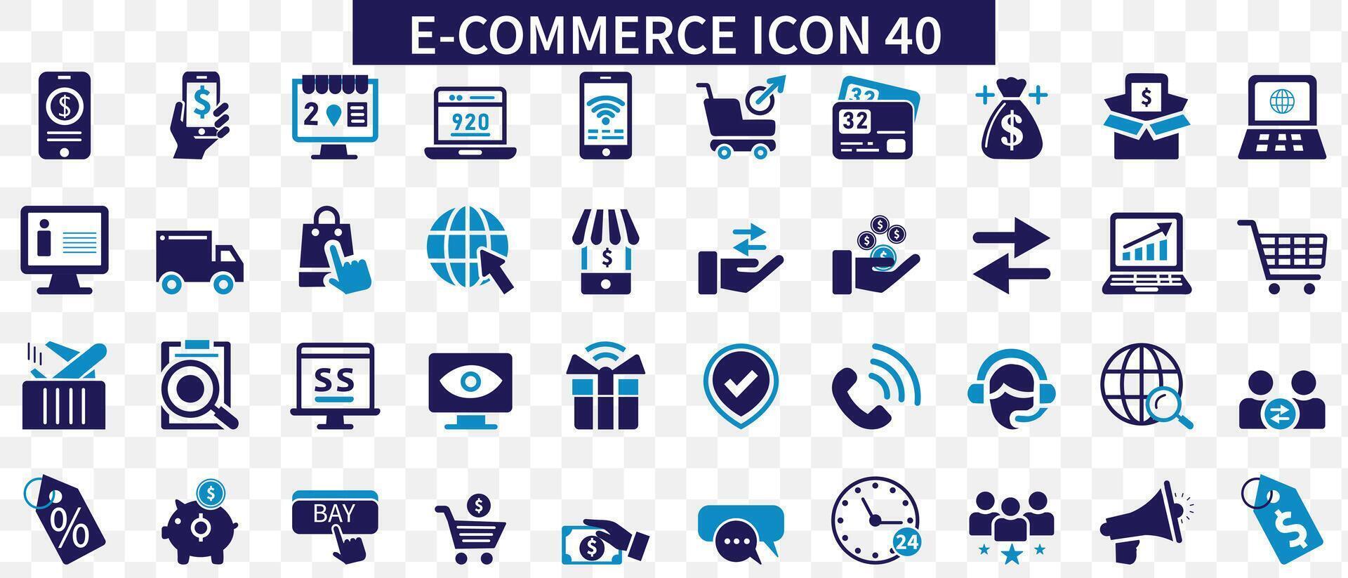 e-commerce icone.40 commercio elettronico, in linea shopping e consegna icona. piatto icone collezione vettore