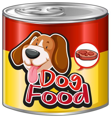 Cibo per cani in lattina di alluminio con simpatico cane su etichetta vettore