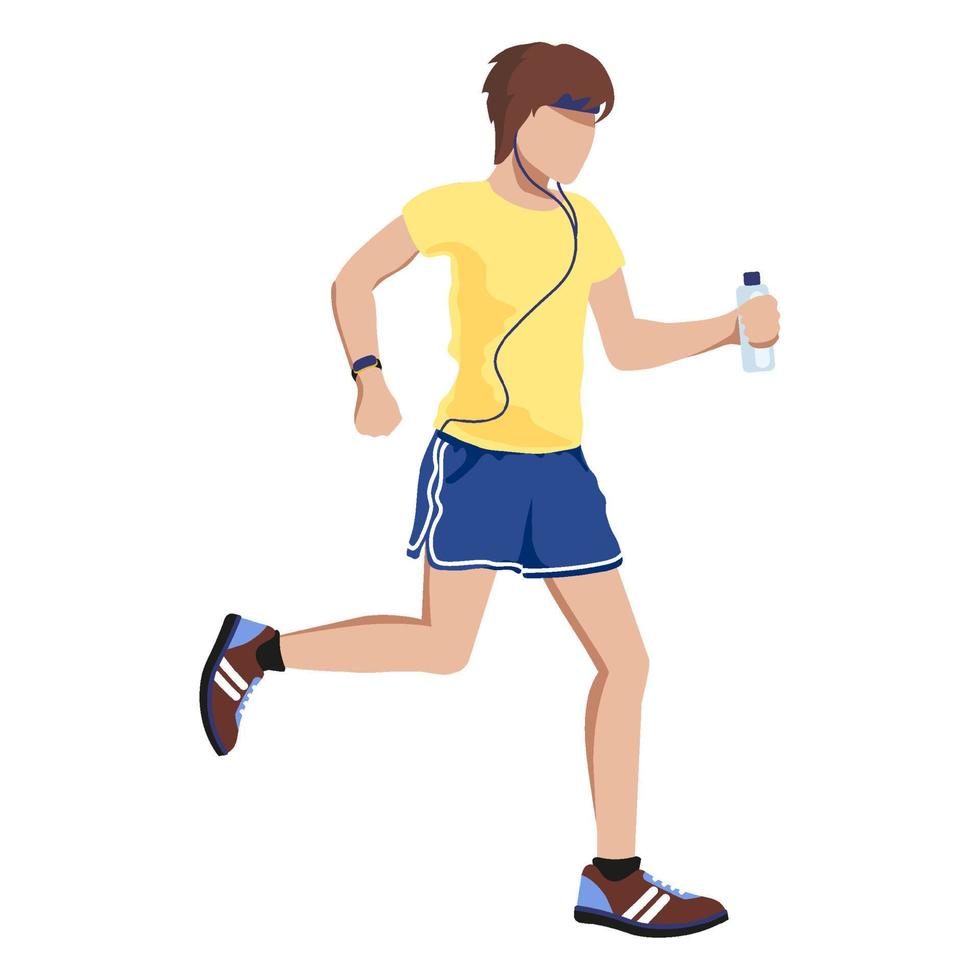 giovane in abbigliamento sportivo, cuffie e una bottiglia d'acqua corre. illustrazione per lo sport e uno stile di vita sano. vettore