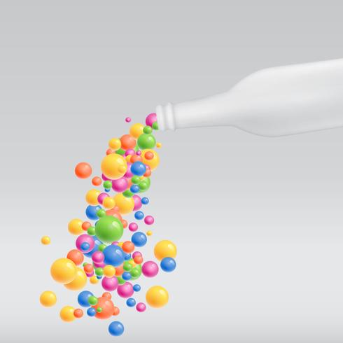 Bottiglia bianca in bianco per la pubblicità con le bolle variopinte, illustrazione di vettore