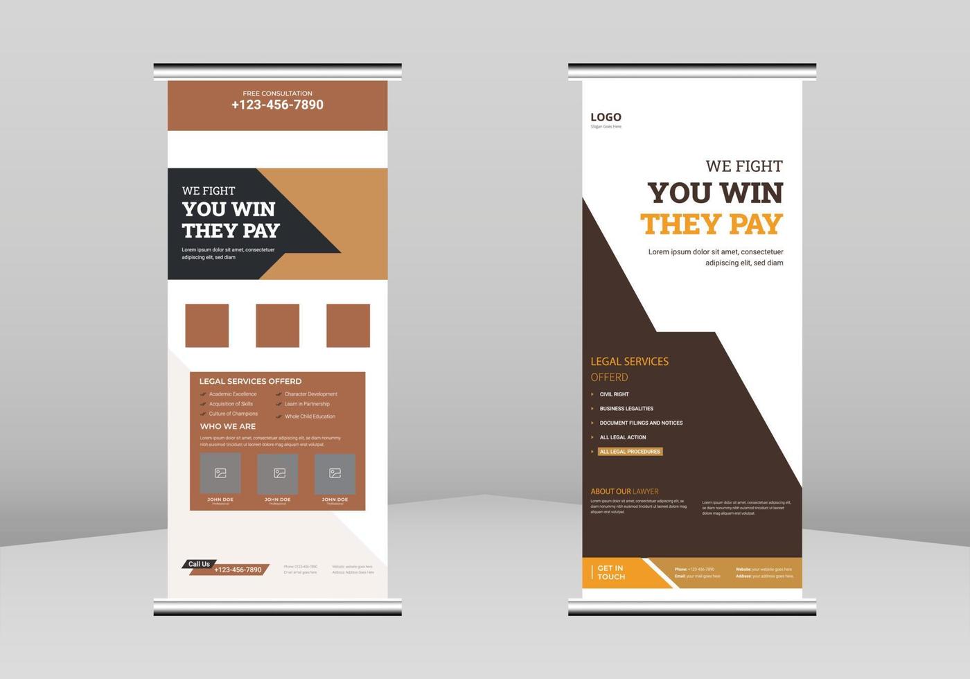 design di banner roll up per studio legale, modello di volantino roll up servizio avvocato. modello di manifesto dello studio legale. avvocato servizio poster dl flyer, trend business roll up banner design, vettore