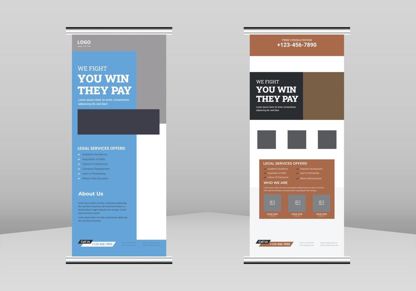 design di banner roll up per studio legale, modello di volantino roll up servizio avvocato. modello di manifesto dello studio legale. avvocato servizio poster dl flyer, trend business roll up banner design, vettore