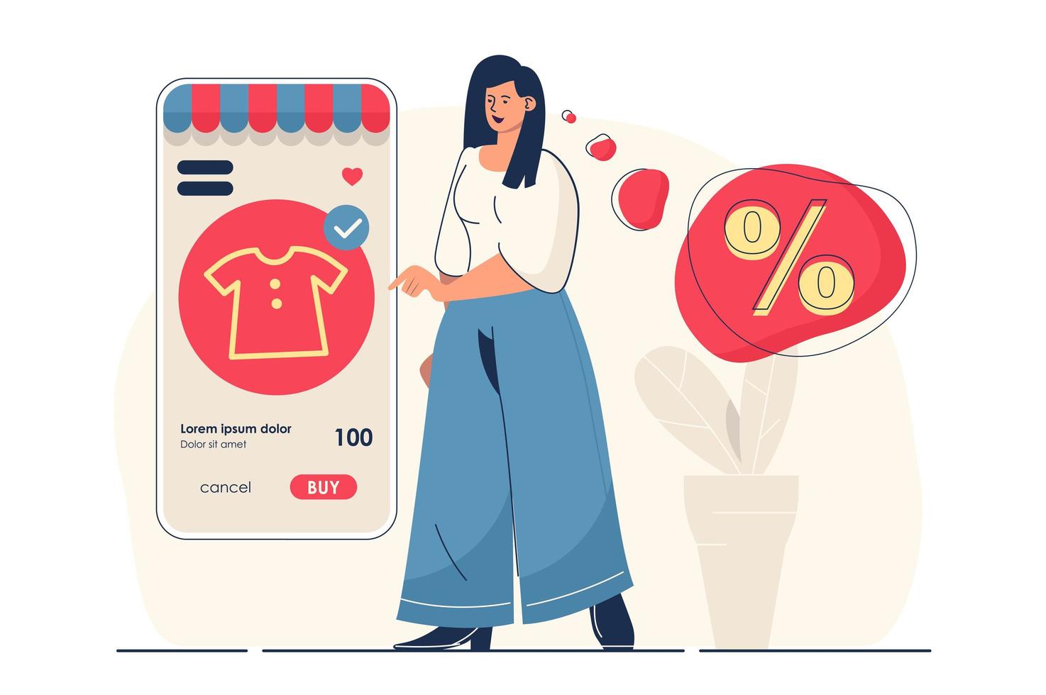 concetto di shopping online per banner web. cliente donna effettua acquisti a prezzi scontati nella scena della persona moderna dell'applicazione mobile. illustrazione vettoriale in design piatto cartone animato con personaggi di persone