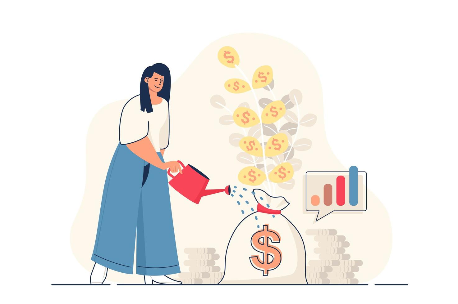 concetto di investimento per banner web. donna che innaffia l'albero dei soldi, aumenta il profitto finanziario, la strategia di finanza di successo scena della persona moderna. illustrazione vettoriale in design piatto cartone animato con personaggi di persone