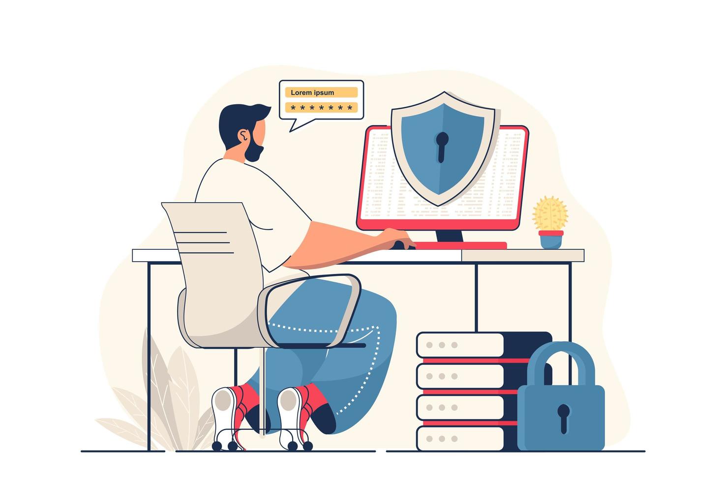 concetto di sicurezza informatica per banner web. l'uomo ottiene l'accesso tramite password, protezione online degli account personali, scena della persona moderna. illustrazione vettoriale in design piatto cartone animato con personaggi di persone