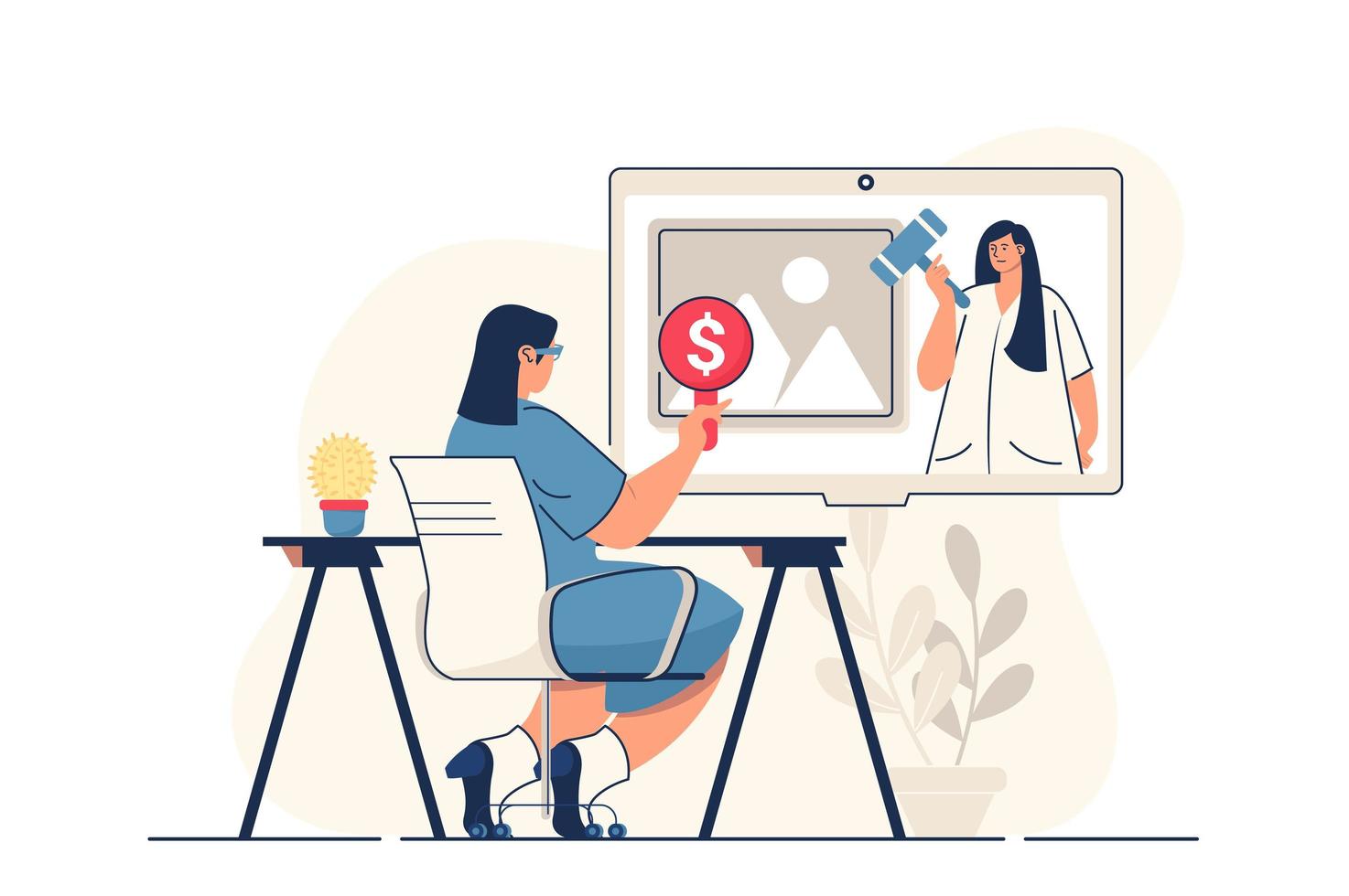 concetto di business dell'asta per banner web. donna che fa un'offerta in un'asta online, il banditore vende pittura d'arte, scena di persona moderna. illustrazione vettoriale in design piatto cartone animato con personaggi di persone