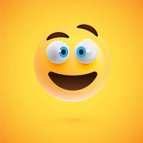 Emoticon realistico giallo faccina sorridente, illustrazione vettoriale