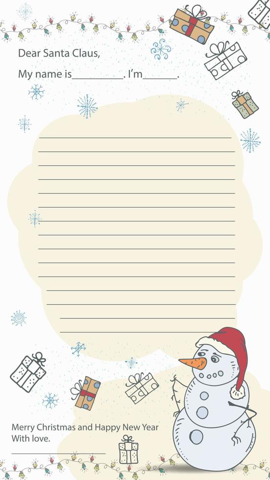 un layout di lettera di esempio di natale e capodanno pronto per babbo natale con una linea per il testo un pupazzo di neve con un cappello di babbo natale si erge tra i regali vettore